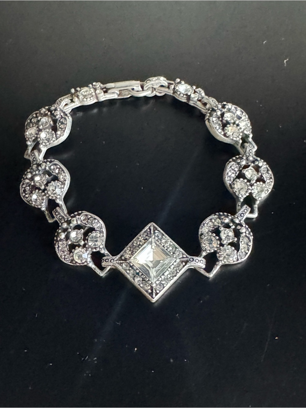 Sweet Romance USA Vintage Crystal Statement Bracelet – Silver Tone